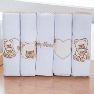 Kit Fralda de Pano Bordada para Bebê com 5 unidades 100% Algodão Feminina e Masculina