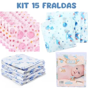 Kit com 15 Unidades Fralda de Pano Bebê 60cm x 60cm 100% algodão Minasrey Pacote