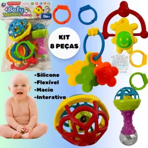 KIT CHOCALHO MORDEDOR  BRINQUEDO  PARA BEBÊ INTERATIVO SILICONE MACIO 8 PEÇAS – ENVIO IMEDIATO