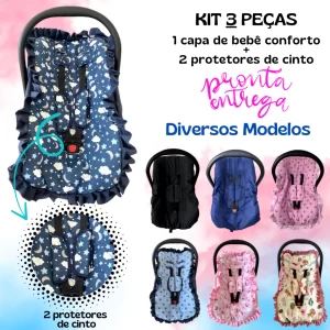 Kit para bebê conforto 3 peças universal Galzerano Chicco Cosco Burigotto capa + protetores cinto
