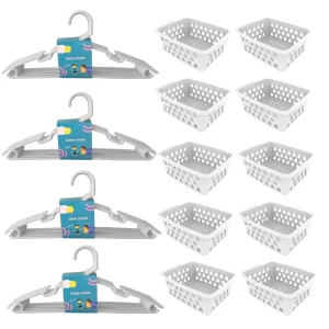 Kit 10 Cestos Organizador Pequeno Multiuso Branco + 20 Cabides Infantil Bebê Branco