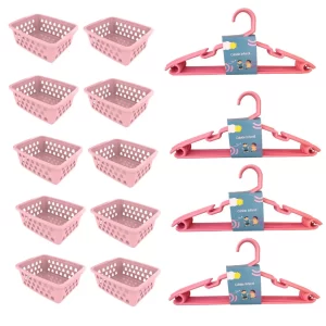 Kit 10 Cestos Organizador Pequeno Multiuso Rosa + 20 Cabides Infantil Bebê Rosa