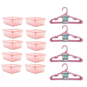 Cestinha organizadora e cabide infantil bebê kit 10 cestos e 20 cabides organizador