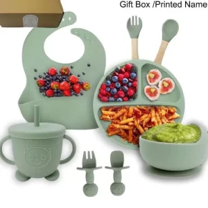 kit 8 Peças Talheres alimentação bebê silicone  kit Talheres Infantil Com Ventosa Canudo Colher Babador Garfo