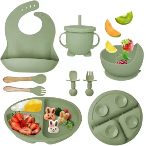 kit 8 Peças Talheres alimentação bebê silicone  kit Talheres Infantil Com Ventosa Canudo Colher Babador Garfo