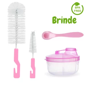 Kit Porta Leite em Pó + 2 Escovas de Lavar Mamadeiras + Colher c/ Ponta de Silicone