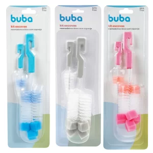 Kit Escovas Para Limpeza de Mamadeiras E Bicos Com Esponja Buba Rosa Azul Cinza Multiuso