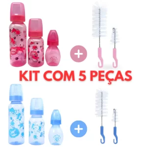 Kit com 5 peças para bebê 3 mamadeiras + 2 escovas