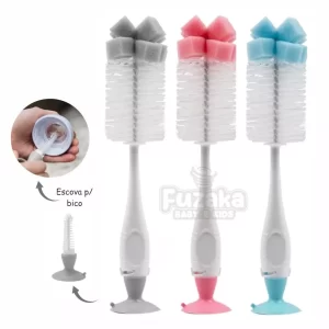 Escova para Lavar Mamadeira e Bico de Bebe com Esponja e Ventosa Buba Unissex Rosa e Azul Limpeza
