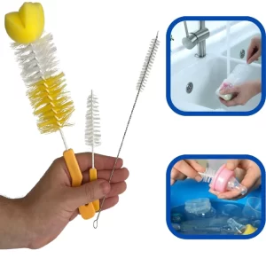 3 Escova Para Limpeza De Mamadeira e Bico Uso Multifuncional Higienização de Talher Tampa Garrafa