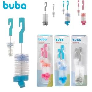 Kit Escova para Mamadeira E Bico Buba Higiene Com Esponja Limpeza Bebê Garrafas Azul Cinza Rosa
