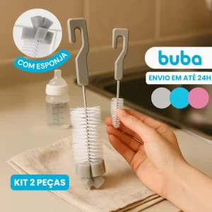 Kit Escova Mamadeira e Bico Buba com Esponja – Para Limpeza Rosa Azul ou Cinza