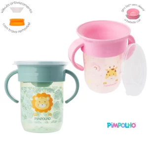 Copo Antivazamento Gira 360 Graus Com Alça 240 ml Pimpolho Bebe Treinamento Introdução Alimentar