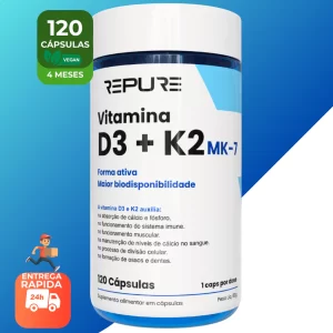 Vitamina D3 K2 MK7 Premium Repure 120 Cáps – 2000UI + 149mcg – Fórmula Pura e Ativa – 2 Meses