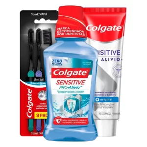 Kit Creme Dental Sensitive Pro-Alívio 110g + Enxaguante Bucal Sensitive Pro-Alívio 250ml + Escova Dental Slim Soft Black